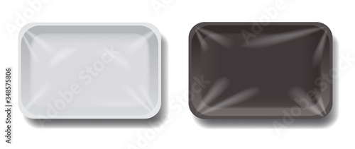 Plastic trays set isolated 3D design. Food packaging with transparent wraps mockup. Empty containers vector illustration in realistic style