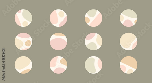 Set of beautiful feminine pastel vector highlight covers, abstract organic shapes and spots, round icons for social media, perfect for bloggers