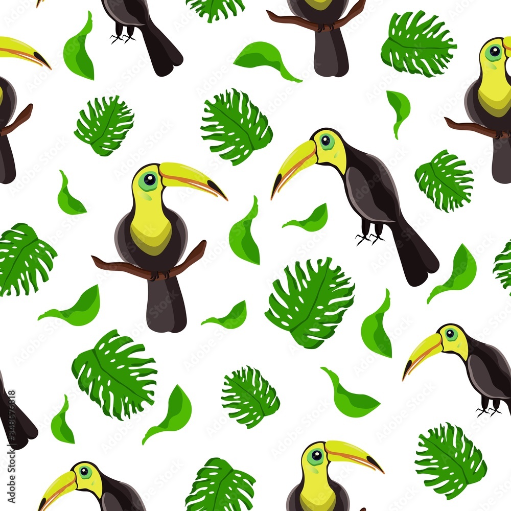 Seamless pattern with Toucan and leaves. Tropical vector illustration with a wild bird. Tropical green plants on a white background. Summer design for making a gift. Printing on fabrics, wallpaper. Seamless pattern with Toucan and leaves. Tropical vector illustration with a wild bird. Tropical green plants on a white background. Summer design for making a gift. Printing on fabrics, wallpaper.