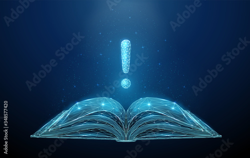 Abstract low poly open book with exclamation mark.