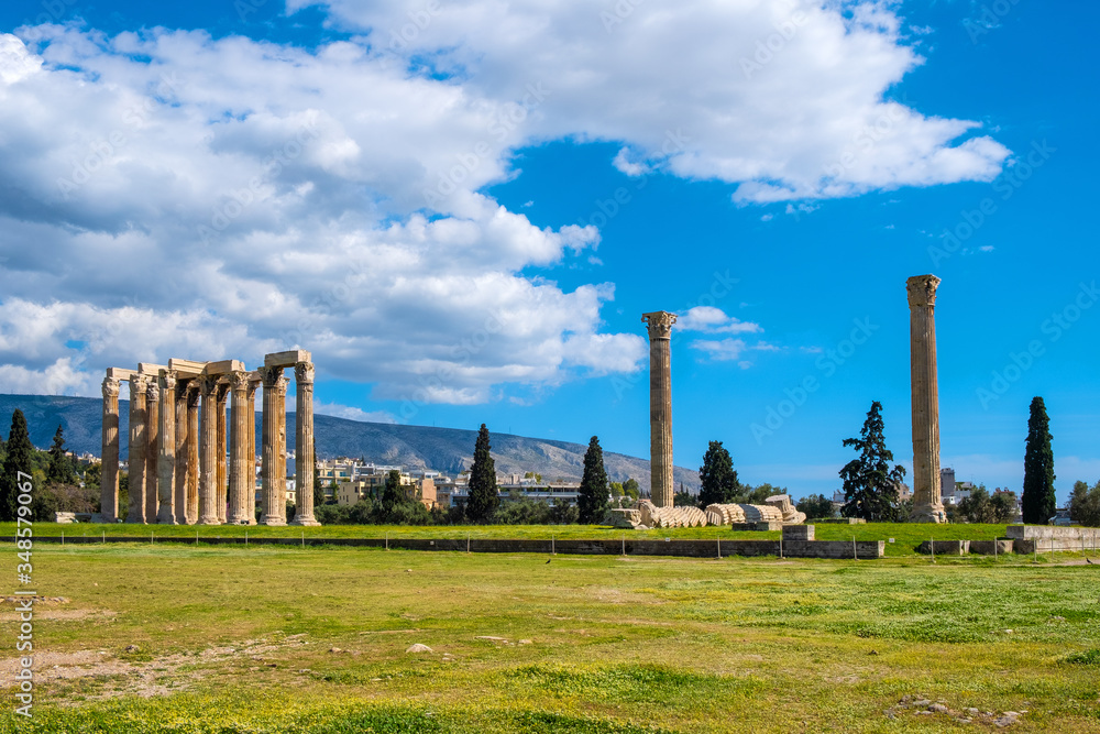 Panoramic view of Temple of Olympian Zeus, known as Olympieion at Leof Andrea Siggrou street in ancient city center old town borough in Athens, Greece