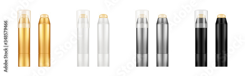 Set of realistic glossy lip balm tube mockups isolated on white background with transparent cap - opened and closed. Plastic package design. Blank cosmetic, skin care template. 3d vector illustration
