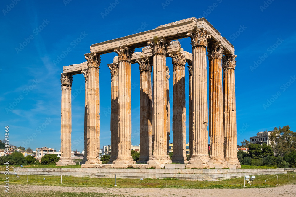 Panoramic view of Temple of Olympian Zeus, known as Olympieion at Leof Andrea Siggrou street in ancient city center old town borough in Athens, Greece