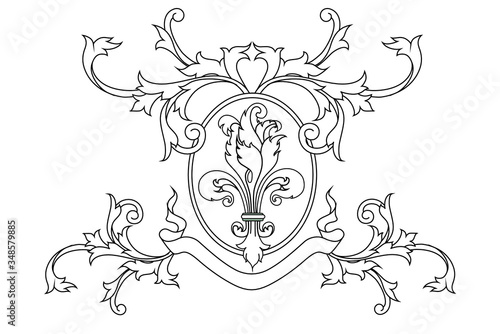 A coat of arms crest heraldic medieval lys flower or royal family shield. Outline vintage motif with filigree leaf 