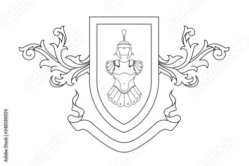 A coat of arms crest heraldic medieval knight or royal family shield. Outline vintage motif with filigree leaf 