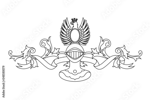 A coat of arms crest heraldic medieval knight or royal family shield. Outline vintage motif with filigree leaf heraldry. Eagle with crown.