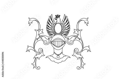 A coat of arms crest heraldic medieval knight or royal family shield. Red and dolden vintage motif with filigree leaf heraldry. Eagle with crown.