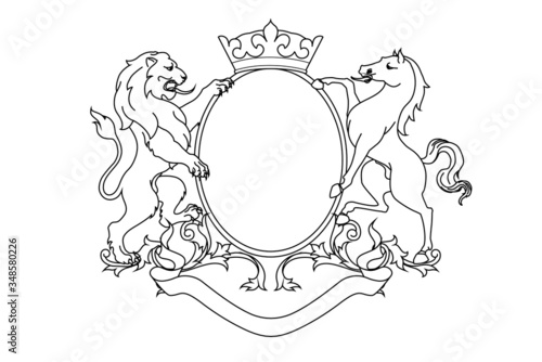 A coat of arms crest heraldic medieval rampant lion and horse for royal family shield. Outline vintage motif with filigree leaf heraldry.
