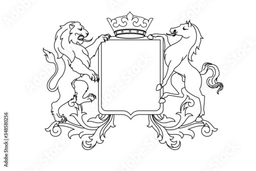A coat of arms crest heraldic medieval rampant lion and horse for royal family shield. Outline vintage motif with filigree leaf heraldry.
