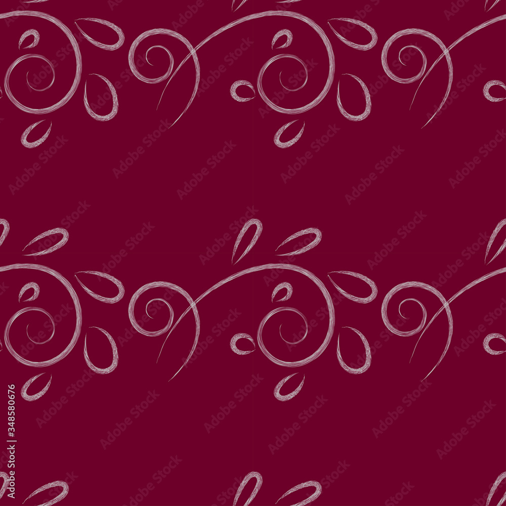 Vector seamless white shaded pattern on a burgundy background ornament from curls of stems and spots of leaves Vector seamless white shaded pattern on a burgundy background ornament from curls of stems and spots of leaves