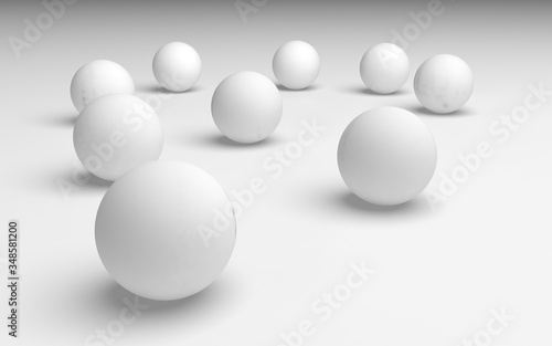 White abstract background. Set of white balls isolated on white backdrop. 3D illustration