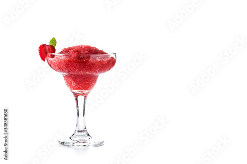 Strawberry margarita cocktail in glass isolated on white background. Copy space