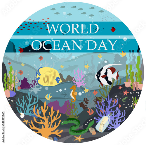 Vector flat illustration of the underwater world. Postcard-poster for the world ocean day on June 8. Protection of nature, underwater world and marine animals. Tropical underwater flora and fauna. A