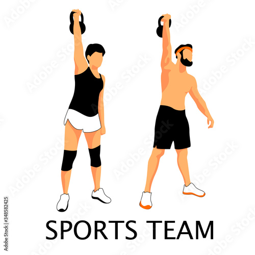Men and women in sportswear lift weights. Sports exercises with weights . Without a face. Color vector illustration.
