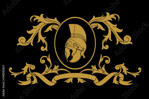 A coat of arms crest heraldic medieval knight or royal family shield. Red and dolden vintage motif with filigree leaf and ribbon heraldry.
