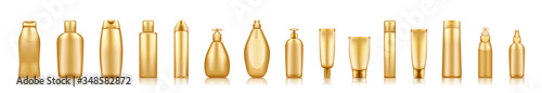 Gold cosmetic bottles mockups on white background: shower gel, shampoo, lotion, hairspray. Plastic package design. Blank cosmetic, hygiene and skin care template. Set of 3d vector illustrations