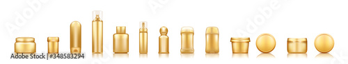 Gold cosmetic bottles mockups on white background: lotion, cream, deodorant, hairspray. Plastic package design. Blank cosmetic, hygiene and skin care template. Set of 3d vector illustrations