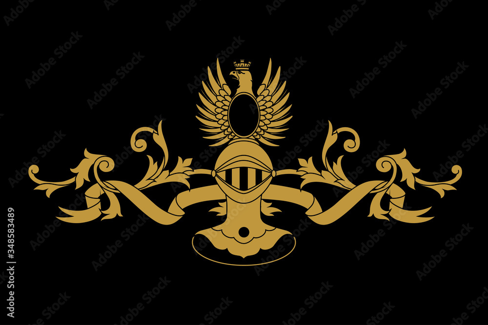 Obraz premium A coat of arms crest heraldic medieval knight or royal family shield. Black and golden vintage motif with filigree leaf heraldry. Eagle with crown.