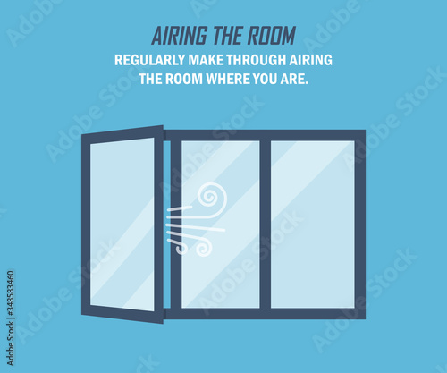 Recommendation during a coronavirus pandemic. Airing the room. Open window in a flat design on a blue background