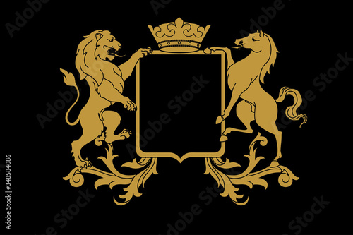 A coat of arms crest heraldic medieval rampant lion and horse for royal family shield. Golden vintage motif with filigree leaf heraldry.