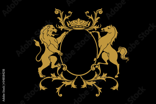 A coat of arms crest heraldic medieval rampant lion and horse for royal family shield. Golden vintage motif with filigree leaf heraldry.
