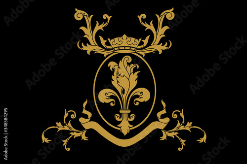 A coat of arms crest heraldic medieval lys flower or royal family shield. Golden vintage motif with filigree leaf heraldry.