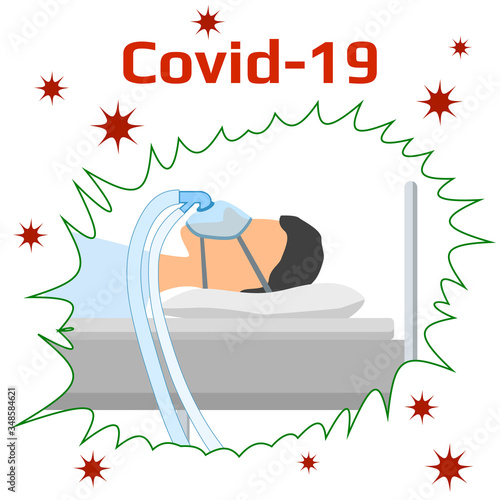 A man lies on a bed with a mask for artificial ventilation of the lungs and around fly the bacteria coronavirus covid-19. CPAP. Oxygen mask with two tubes. Flat cartoon illustration. Vector EPS10.