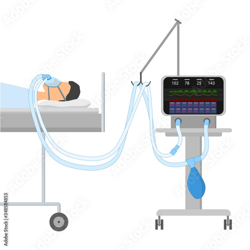 A man lying on the bed with Sleeping Apnea and CPAP. On the face oxygen mask with two tubes connected with a device for artificial ventilation of the lungs. Isolated vector EPS10.