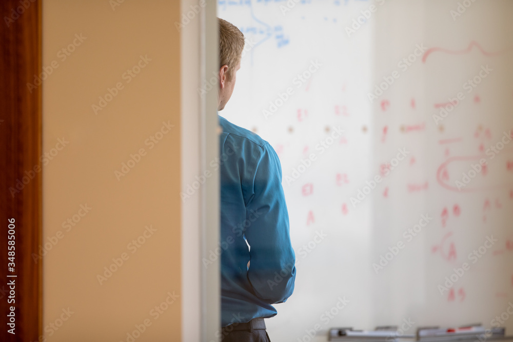Rear view of businessman standing by white board at office