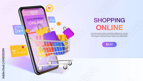 Shopping bags in a trolley out mobile or smartphone. shopping online website template. mobile store application concept. marketing and digital marketing. vector illustration modern design.