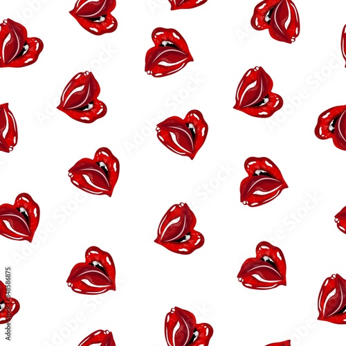 Seamless pattern with lips. White background. Lips with tongue vector illustration. Fashionable design for printing on gift paper, fabrics, Wallpaper. Design of a beauty salon. Pattern with lips. 