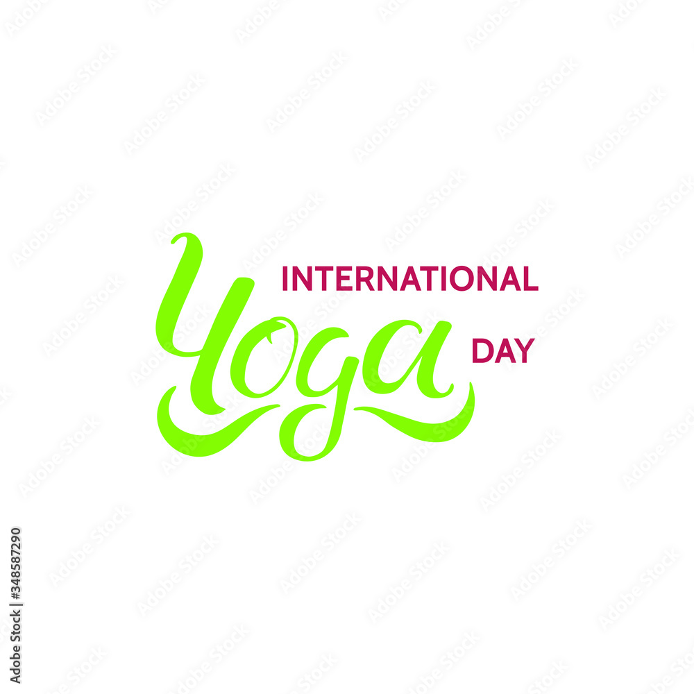 Isolated stock vector illustration of the phrase international yoga day. Lettering for the festive banner of yoga classes. Design for logo, sticker, t-shirt, card, print, typography, template Isolated stock vector illustration of the phrase international yoga day. Lettering for the festive banner of yoga classes. Design for logo, sticker, t-shirt, card, print, typography, template