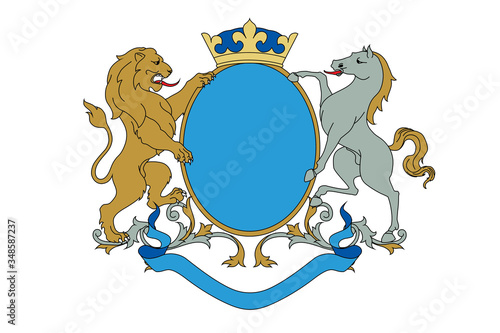 A coat of arms crest heraldic medieval rampant lion and horse for royal family shield. Blue and golden vintage motif with filigree leaf heraldry.