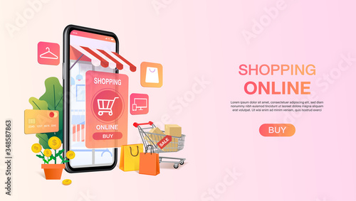 Shopping bags in a trolley out mobile or smartphone. shopping online website template. mobile store application concept. marketing and digital marketing. vector illustration modern design.