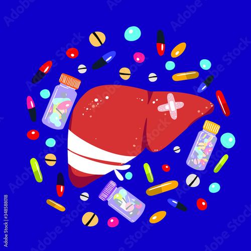 Liver in bandages and patches vector illustration. Medication
banner with pills. Gastroenterologist cartoon poster.  