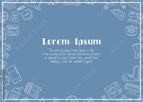 Home appliances - horizontal card with text and vector outline illustrations of home and kitchen machines for graphic design