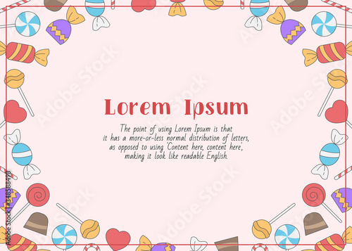 Sweet candy - horizontal card with text and vector color illustrations of lollipop, caramel, chocolate and sugar for graphic design