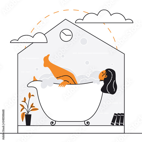 Girl is lying in hot bath and relaxing. in her house. Self-isolation and COVID-19 quarantine vector illustration. Self care bodypositive poster.