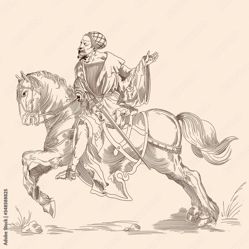 Knight on a horse. Isolated image in the style of medieval engraving. Knight on a horse. Isolated image in the style of medieval engraving.
