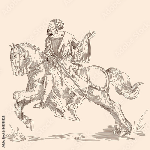 Knight on a horse. Isolated image in the style of medieval engraving. © migfoto