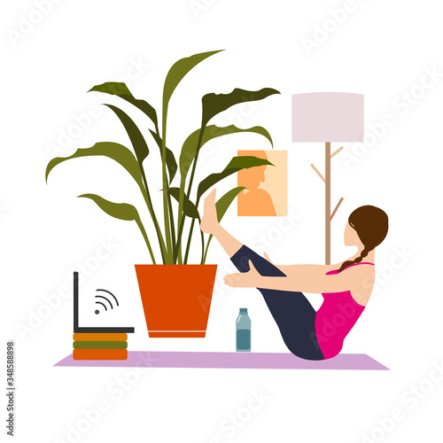Female cartoon character practicing Hatha yoga. Woman doing workout indoor. Sport exercise at home. Yoga and fitness, healthy lifestyle. Flat vector illustration. Yogi woman in Paripurna Navasana