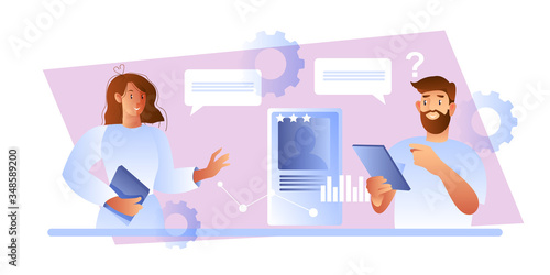 Recruitment concept with male employer interviewing young female candidate. Vector illustration in flat style with smiling freelancer, recruiter, user profile, abstract messages and gears.