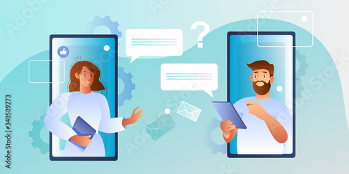 Recruitment concept with male employer interviewing young female candidate online. Vector illustration in flat style with smiling freelancer, recruiter, smartphones, abstract messages and gears.