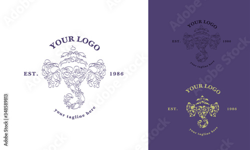 Indian ornamental elephant logotype. Floral animal logo. Label design for kids art school. Mandala doodle sign for tea or tea room