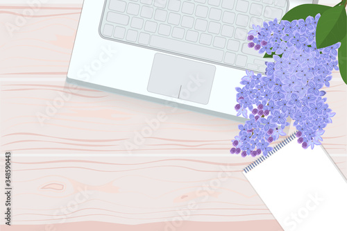 Branch of a blossoming lilac, laptop and notebook on a wooden table, top view. Vector with place for text, copyspace