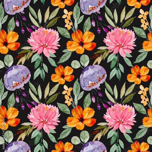 colorful floral watercolor seamless pattern with black background