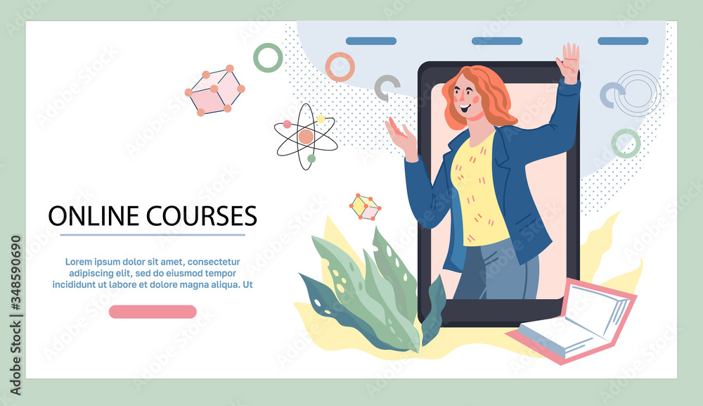 Online distance courses website  banner or landing page template. Educational courses and e-learning internet technology. Flat vector illustration.
