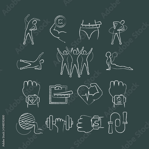 chalk icons set, sport and fitness 