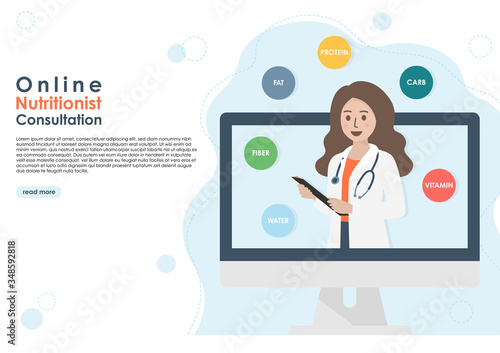 Female nutritionist doctor or dietitian with stethoscope and clipboard on computer screen. Online medical consultation, healthy eating and nutrition diet plan concept. Vector illustration. Copy space.