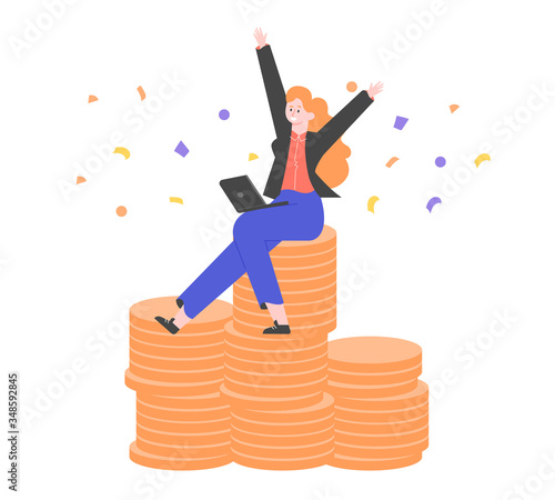 Joyful girl with a laptop sits on a stack of gold coins. Winning on the Internet, earning online. Vector flat illustration.